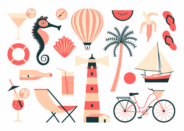stockillustraties, clipart, cartoons en iconen met de zomerillustratie van de vector, vlakke pictogram reeks, witte achtergrond. - fietsen strand
