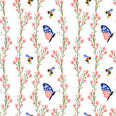 Vector summer meadow seamless pattern with florals butterfly and bee on white background