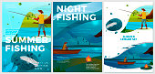 Vector summer posters set - river fishing activities. Forests, trees and hills on background. Print template with place for your text.