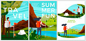 Vector summer posters set - tourist people with backpack, forest and river campsite, mountains, trees and hills on background. Print template with place for your text.
