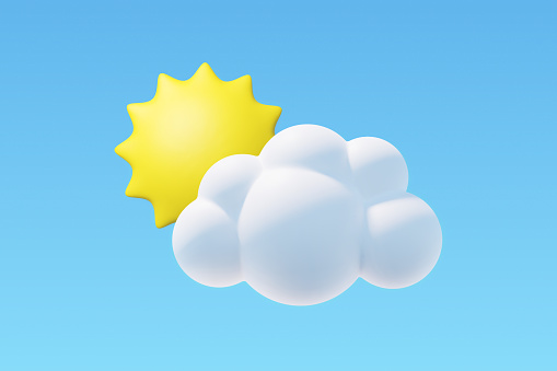 Vector and/or jpg 3d render cartoonish icon. Carefully layered and grouped for easy editing. You can edit or move separately the sky, the sun and the cloud.