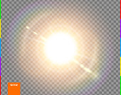 Vector sun. Glow transparent sunlight special lens flare light effect. Isolated flash rays and spotlight. Golden front translucent background. Blur abstract decor element. Star burst with spark.