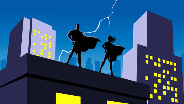 Vector Superhero Couple Silhouette in a City Stock Illustration A silhouette style vector illustration of a couple of superheroes standing on a roof in a city with city skyline and lightning in the background. lightning silhouettes stock illustrations