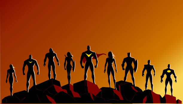 ilustrações, clipart, desenhos animados e ícones de vector super-herói silhueta conjunto permanente nas rochas - time