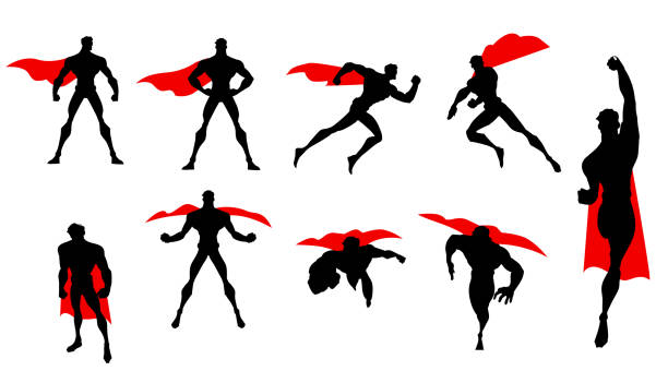 ilustraciones, imágenes clip art, dibujos animados e iconos de stock de conjunto de silueta de vector superhéroe - cape