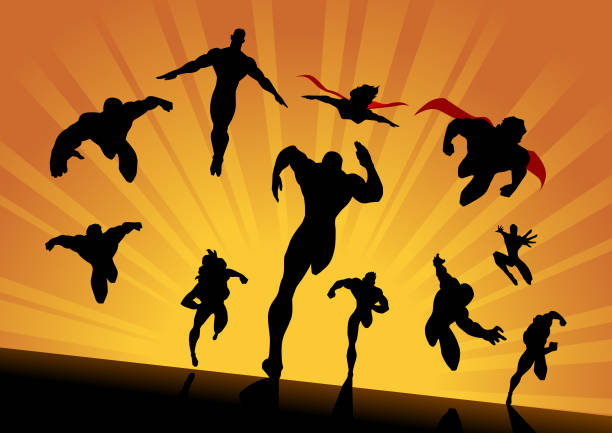 Vector Superhero Team Charging Forward A silhouette style illustration of a team of superheroes running, flying , and charging forward approaching the screen. backgrounds silhouettes stock illustrations