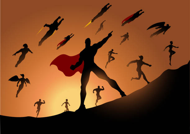 Vector Superhero Team Running Silhouette with Sunlight in the background A silhouette style illustration of a team of superheroes running to attack with sunlight in the background. Easy to edit. movie silhouettes stock illustrations