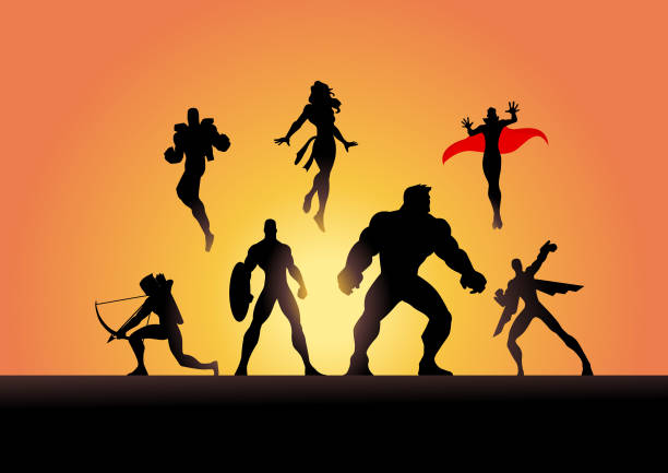 Vector Superhero Team Silhouette in Action A silhouette style illustration of a team of superheroes ready for action. robot silhouettes stock illustrations