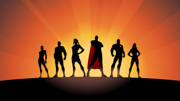 Vector Superhero Team Silhouette Stock Illustration A silhouette style vector illustration of a team of superheroes standing in row.  Wide space available for your copy. superhero stock illustrations