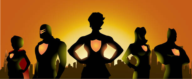 Vector Superhero Team Silhouette with Woman Leader and City Skyline Background A silhouette style illustration of a woman led team of superheroes. You may put your logo or text on the shield or. leadership silhouettes stock illustrations