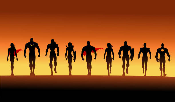 Vector Superheroes Team Walking Silhouette Illustration A silhouette style vector illustration of a team of superheroes walking in group. Wide space available for your copy. robot silhouettes stock illustrations