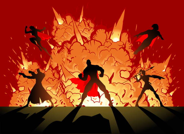 illustrations, cliparts, dessins animés et icônes de équipe de super-héros de vecteur avec explosion - femme tire