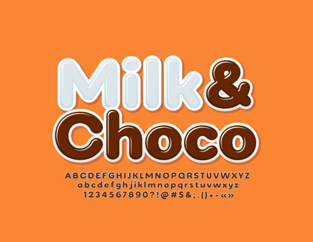 stockillustraties, clipart, cartoons en iconen met vector smakelijk embleem melk & choco. moderne alfabet letters en cijfers - chocoladeletter