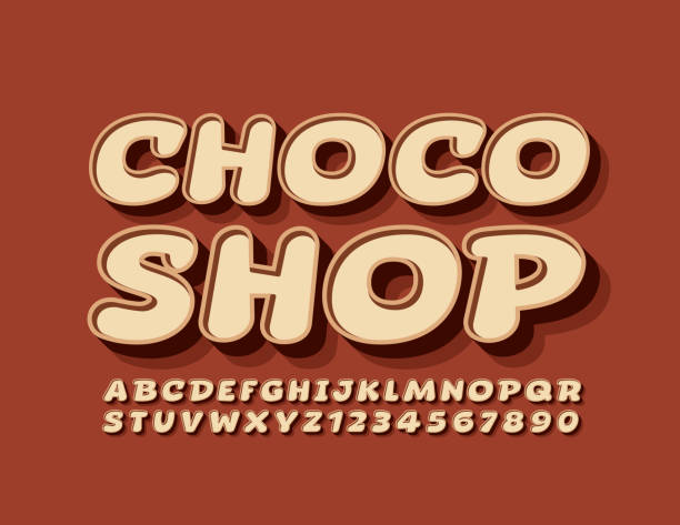 stockillustraties, clipart, cartoons en iconen met vector smakelijk teken choco shop. komische stijl trendy alphabet letters en cijfers - chocoladeletter