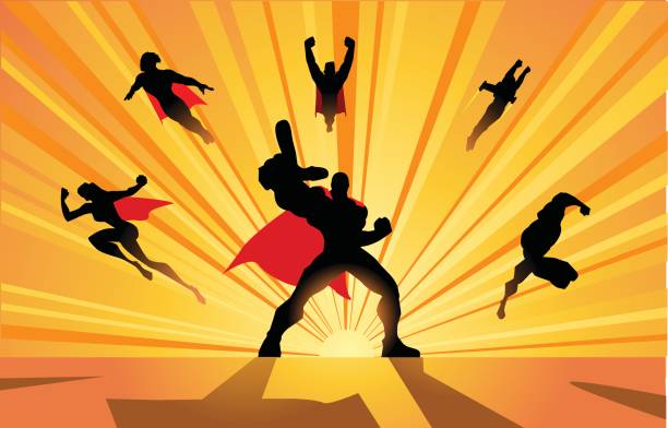 Vector Team of Superheroes Charging Forward Silhouette A vector silhouette illustration of a team of superheroes charging forward ready for action movie silhouettes stock illustrations