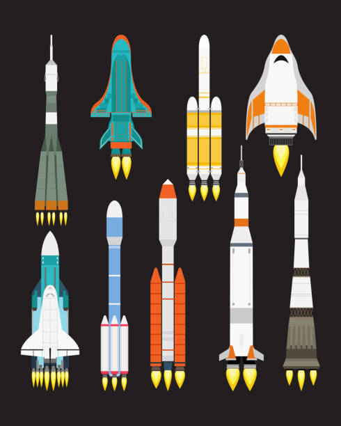 illustrations, cliparts, dessins animés et icônes de vector technologie navire fusée dessin animé design pour le produit d’innovation startup et cosmos fantasy space lancement exploration graphique - rampe de lancement