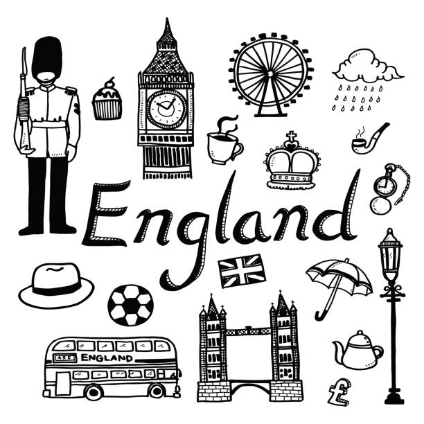 bildbanksillustrationer, clip art samt tecknat material och ikoner med vector mall doodle skiss resor och turist attraktion bakgrund för england - english flag