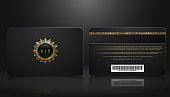 Vector template of membership or loyalty black VIP card with luxury geometric pattern. Front and back design presentation. Premium member, gift plastic card with golden crown, gem, barcode.