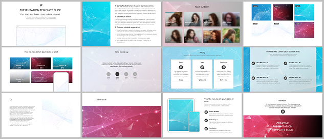 Vector templates for website design, presentations, portfolio. Templates for presentation slides, flyer, leaflet, brochure cover, report. Polygonal science background with connecting dots and lines.