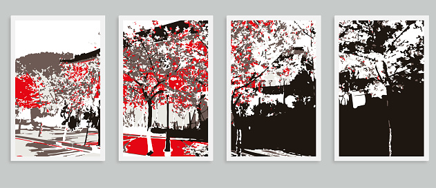 Vector the cherry blossom sakura street city night landscape scene engraving style pattern postcard illustration backgrounds