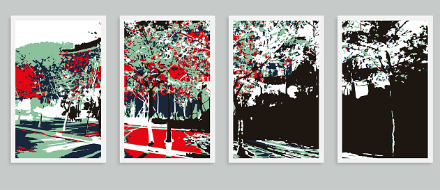 Vector the cherry blossom sakura street city night landscape scene woodcut style pattern postcard illustration backgrounds