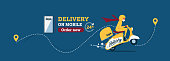 Vector The food delivery man ride yellow scooter to deliver food.Instagram Posts Featuring Food Delivery.Online Delivery Service Web Banner.E-commerce concept.