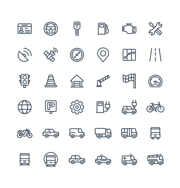 Vector thin line icons set with transport, navigation outline symbols. Vector thin line icons set and graphic design elements. Illustration with transport, navigation outline symbols. Driver license, wheel, gas station, road service, GPS, traffic light linear pictogram dividing line road marking stock illustrations