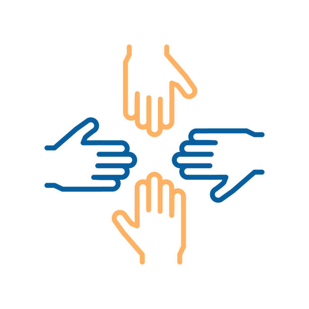 Vector thin line icons with 4 hands. Concept design for teamwork, success, charity, business, volunteers, performance group, equality and other concepts vector eps10 ethnicity stock illustrations