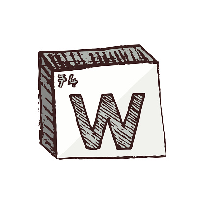 Vector three-dimensional hand drawn chemical silver symbol of rare metal tungsten or wolfram with an abbreviation W from the periodic table of the elements isolated on a white background.