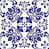 Vector tile pattern, Lisbon Arabic Floral Mosaic, Mediterranean Navy Blue Ornament.