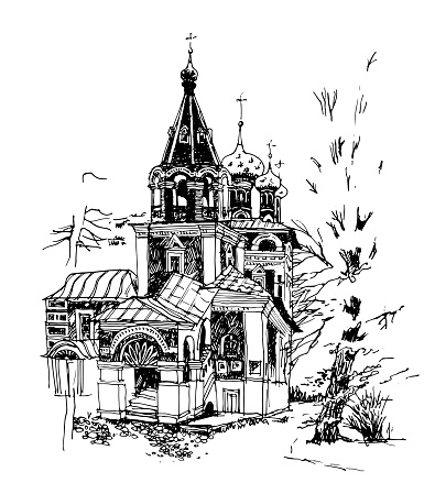 Vector traced black and white hand drawn landscape with the ancient church in the Naryshkin Baroque style in the city of Uglich, Russia