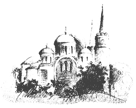 Vector traced hand drawn black and white landscape pencil sketch, Cathedral of the Transfiguration medieval building in Chernihiv, Ukraine