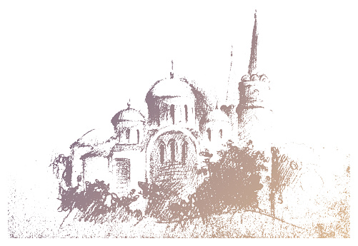 Vector traced hand drawn landscape pencil sketch, Cathedral of the Transfiguration medieval building in Chernihiv. Gold gradient sketch on a white background