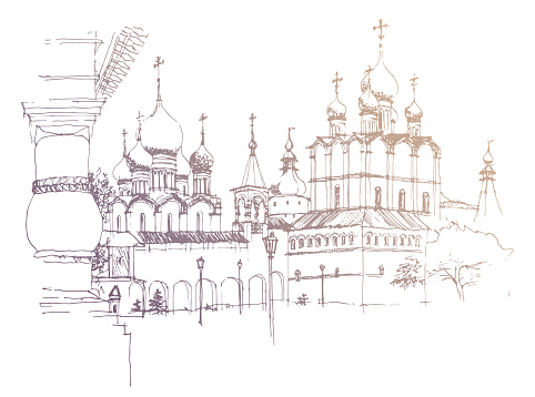 Vector traced ink and pen hand drawn landscape with architectural ensemble of the Rostov Kremlin, Russia. Gold colored sketch on a white background