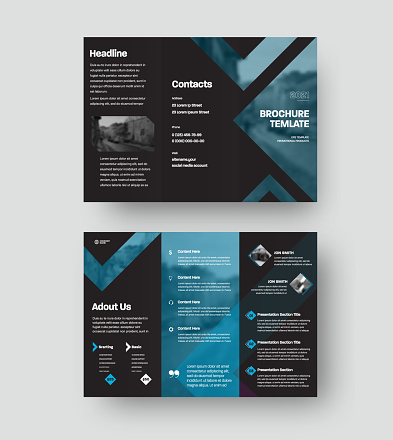 Vector trifold with presentation of company information, creative design, inserts from triangles, photos, on a black background.