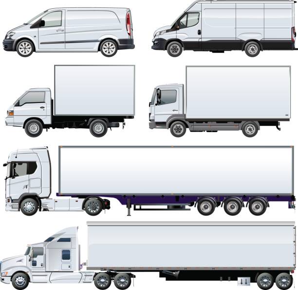 Vector trucks template isolated on white Vector trucks template for brand identity. Available EPS-10 separated by groups and layers with transparency effects for one-click repaint. semi truck side view stock illustrations