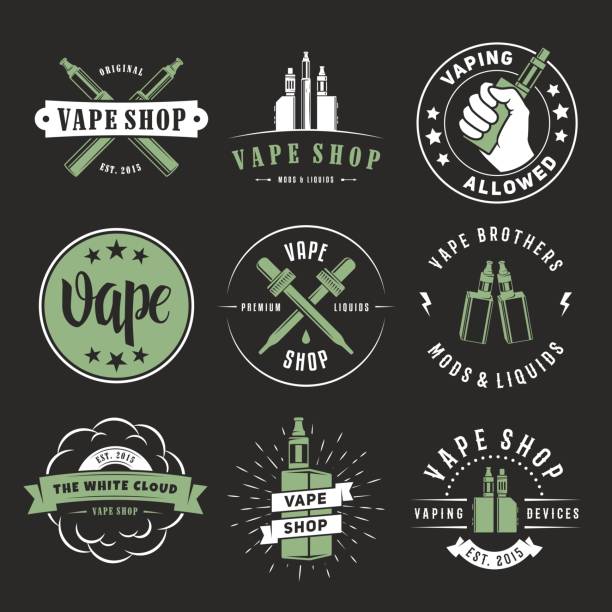 Vector vape labels Vape labels. Vector e-cigarette logos for vape shop, lounge or bar. Smoking devices, liquids, mods and accessories. electronic cigarette stock illustrations