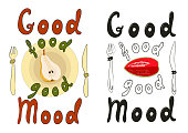 Vector vegan Logo with Lettering Good food good mood. Design Menu Card for Vegetarians, poster, Logo Vegan Shop, Round Vegetable Frame on white background.