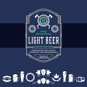 Vector vintage white, gold and blue beer label and icons for brewhouse, bar, pub, brewing company branding and identity.