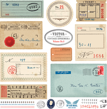 Set of vintage ephemera.Tickets, postage stamps,rubber stamps,labels,tags and envelope.EPS 10 file with transparencies.File is layered with global colors.