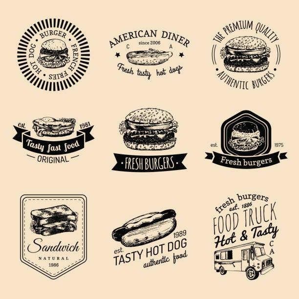 illustrations, cliparts, dessins animés et icônes de badges vintage fast-food vecteur défini. collection de panneaux rétro repas faciles à préparer. bistro, snack-bar, restaurant de rue, icônes de la salle à manger. - fromager