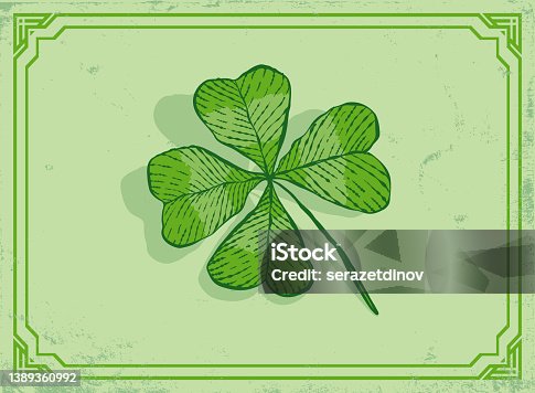 istock Vector vintage icon of clover with four leaf for Patrick's day. 1389360992