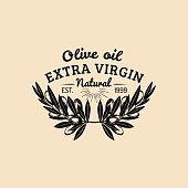 Vector vintage olive icon. Retro emblem with branches. Hand sketched natural extra virgin oil production sign