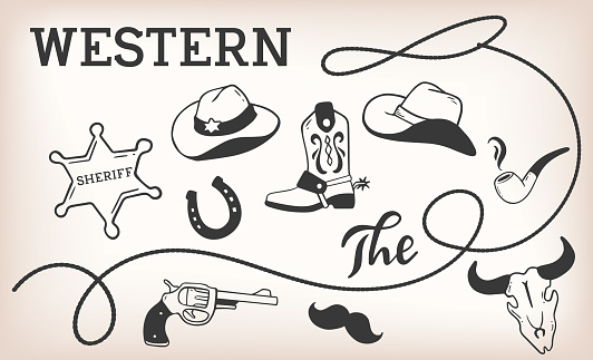 Vector vintage western illustration with set of wild west accessory on brown color background.