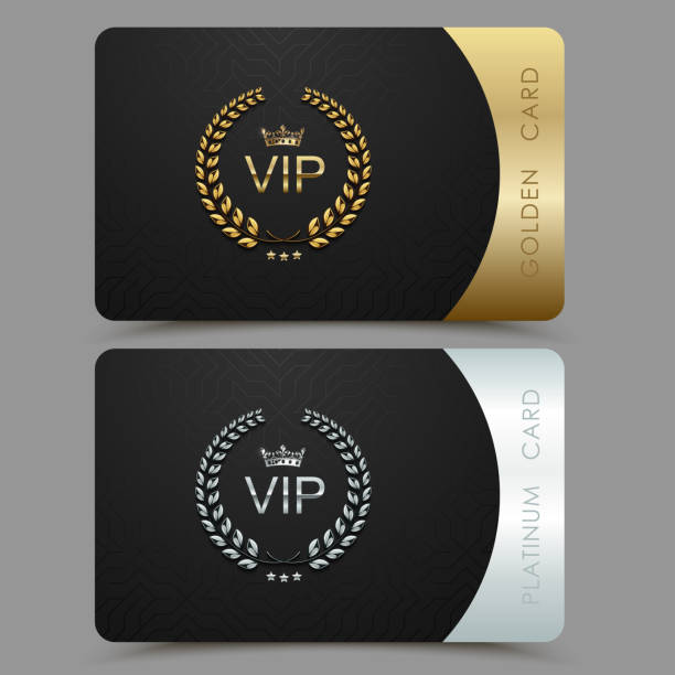 벡터 vip 황금과 백 금 카드입니다. 월계관 크라운와 검은 기하학적 패턴 배경입니다. vip 회원에 대 한 고급 디자인 - 인사장 stock illustrations