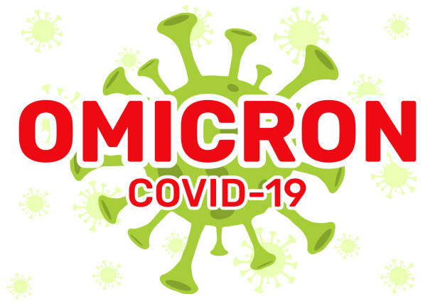 vektorvirus-zeichen mit omicron schriftzug im flachen stil. variante von covid. ein neuer stamm des coronavirus. - omicron stock-grafiken, -clipart, -cartoons und -symbole