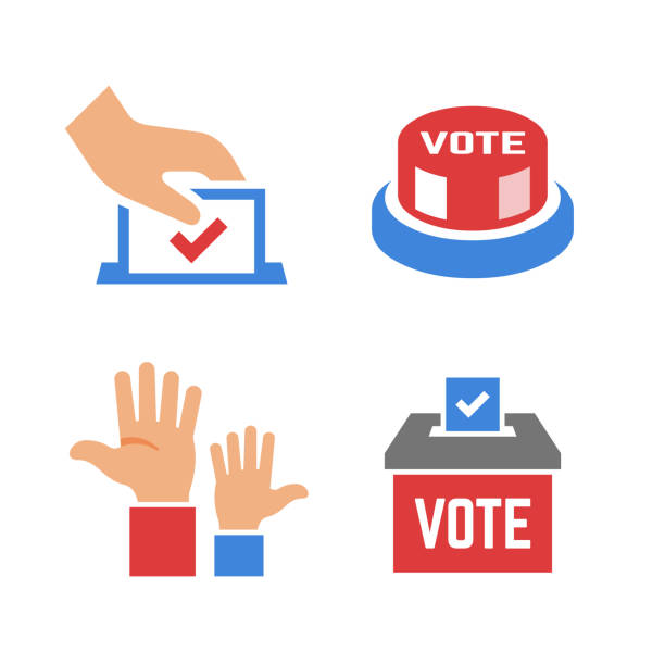 Vector vote color icon with voter hand, ballot box, click button, voting hands. Democracy election poll silhouette sign. Vector vote color icon with voter hand, ballot box, click button, voting hands. Democracy election poll silhouette sign. republicanism stock illustrations