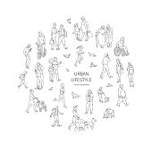 Vector walking urban crowd. Children and adults people pigeons and other characters in a circle line art style black white illustration background