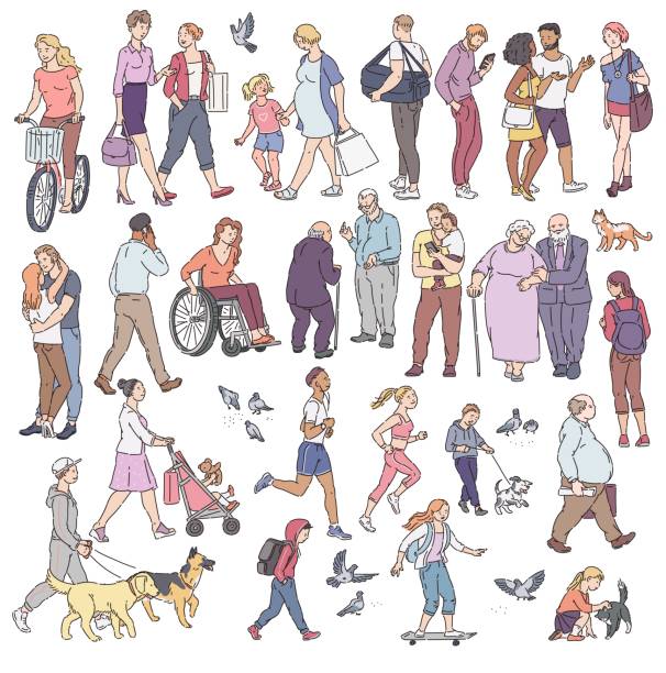 ilustrações de stock, clip art, desenhos animados e ícones de vector walking urban crowd on street in city. woman with kids people with dogs pigeons bicyclist and other characters line art. children and adults in various situations. - wheelchair street