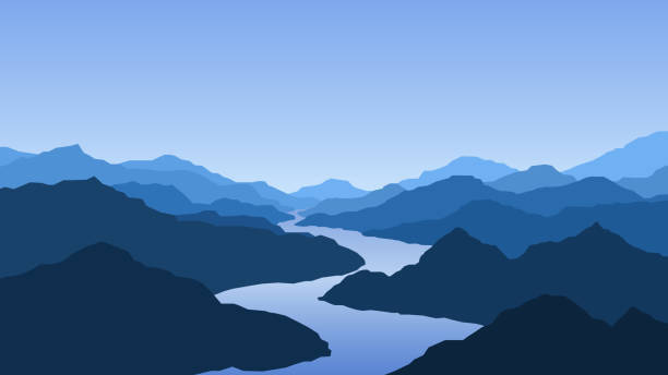 Vector wallpaper with a landscape, mountains and river Blue landscape with forest, mountains and river, day, Asia river silhouettes stock illustrations